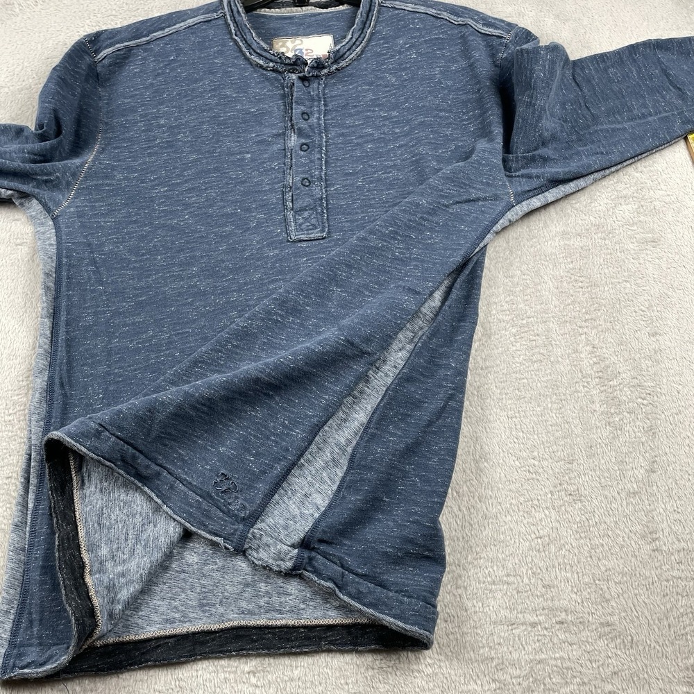 32 Bar Blues Henley Shirt Mens Medium Heather Blue Elbow Patches Long Sleeve - Picture 3 of 8